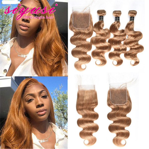 Brazilian Honey Blonde Hair Bundles With Closure 3/4 Bundles Body Wave With Closure Colored 27# 100% Real Human Hair Extensions With Closure