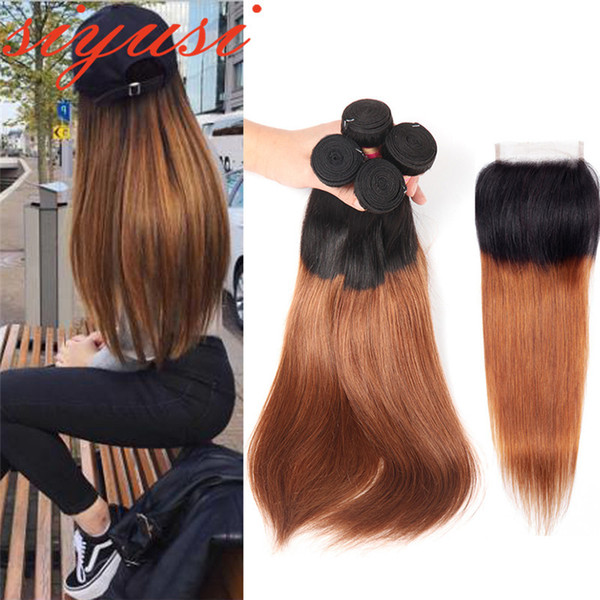 Ombre Brazilian Hair Weave Bundles With Closure 1B/27 Ombre Honey Blonde Brazillian Straight Human Hair 3 4 Bundles With Closure