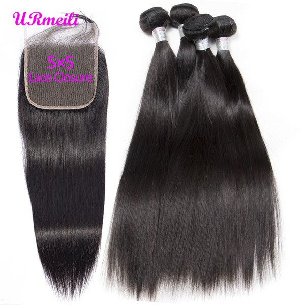 Straight Hair Bundles With 5x5 Lace Closure Brazilian Virgin Hair Weave 3/4 Bundles With Closure Natural Black Remy Hair Extension
