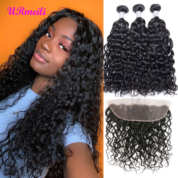 10A Brazilian Virgin Hair Water Wave Bundles With Frontal Human Hair 3/4 Bundles With Closure Remy Lace Frontal Closure With 30inch Bundles