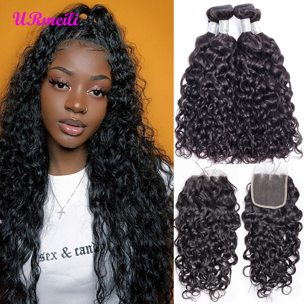 Brazilian Water Wave Bundles with Closure Brazilian Virgin Human Hair Weave 3/4 Bundles with Closure Mink Wet Wavy Hair Weave Remy 1B