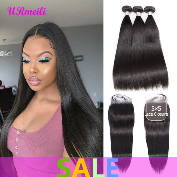 9A 5x5 Closure With Bundles Virgin Human Hair Weave With Closure Malaysian Straight Hair 3 or 4 Bundles With Closure 