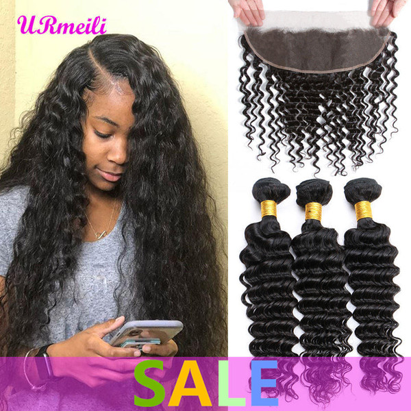 Peruvian Deep Wave Human Hair Bundles With Frontal Peruvian Lace Frontal Closure With Bundle 8A Cheap Remy Human Hair Bundles With Frontal