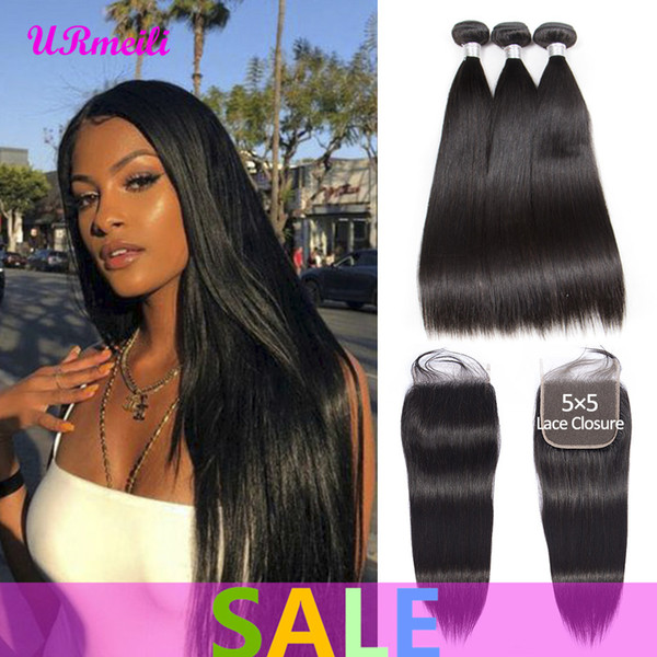 Indian Straight Virgin Hair Bundles With Closure DHgate 5x5 Lace Closure With 3/4 Bundles Weave Remy Human Hair Bundles With Closure