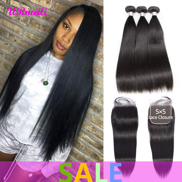 Indian Straight Virgin Hair Bundles with 5x5 Lace Closure 100% Remy Human Hair Extensions 5x5 Closure with Bundles