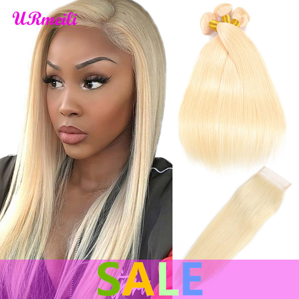 613 Blonde Human Hair Bundles With Closure Brazilian Straight Hair Bundles With Closure Remy Human Hair Weave Extenstions 10-30 Inch Bundle