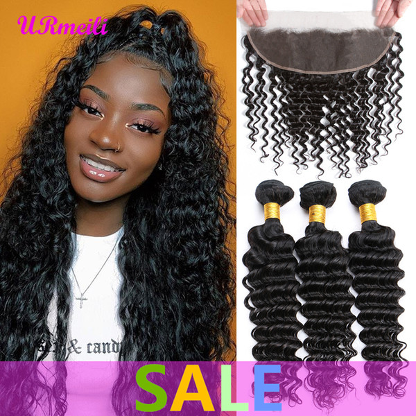 Malaysian Deep Curly Human Hair Bundles With Frontal Closure Virgin Human Hair Extension Deep Wave Frontal Closure With 3 4 Bundles