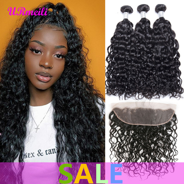 Brazilian Water Wave 3/4 Bundles with Frontal 100% Remy Human Hair Brazilian Virgin Hair 13*4 Free Part Ear to Ear Lace Frontal