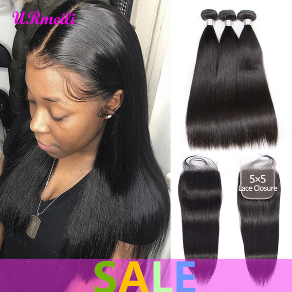 Malaysian Straight Hair Bundles With Closure Raw Virgin Malaysian Hair Weave 3 Bundles With 5x5 Lace Closure Human Hair Bundles With Closure