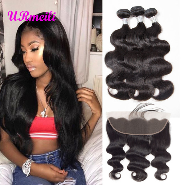 Brazilian Virgin Hair Body Wave 3/4 Bundles With Frontal Brazilian Unprocessed Human Hair Weave 30 inch Bundles With Lace Frontal body wave