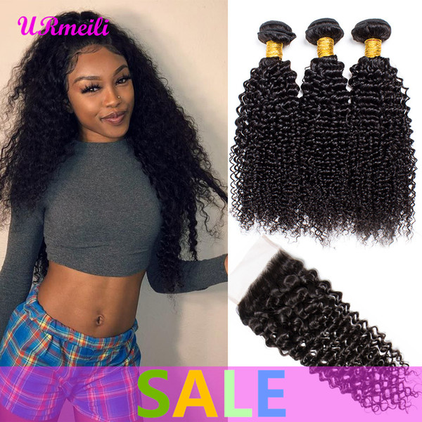 Brazilian Curly Human Hair Bundles With 4*4 Lace Closure Virgin Hair Bundles With Closure Natural Color Curly Virgin Human Hair Weave