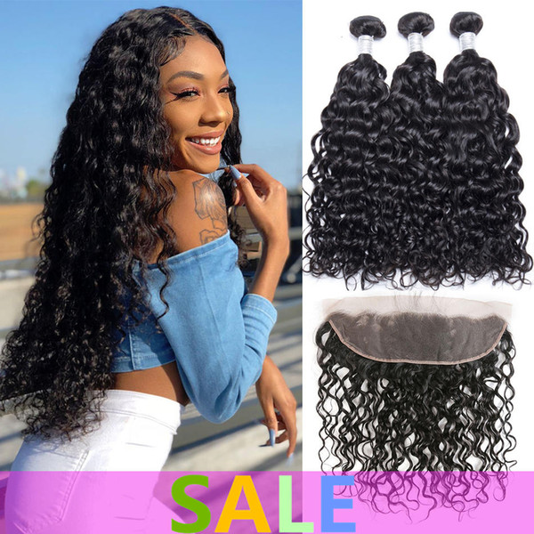 Brazilian Virgin Hair Lace Frontal with Bundles Water Wave Bundles with Frontal Brazilian Human Hair 3/4 Bundles with Closure Remy Hair