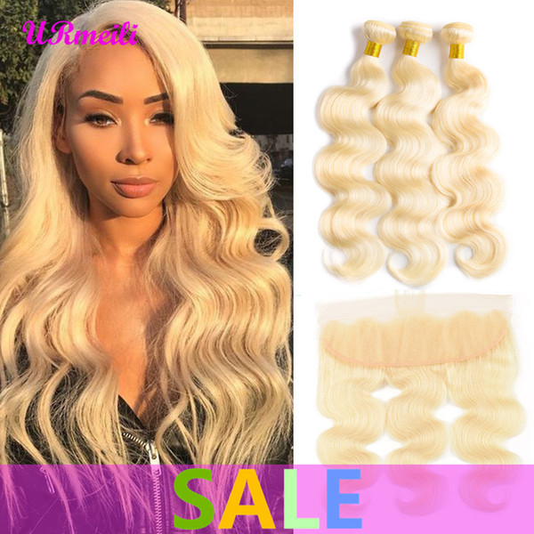 Brazilian Body Wave 613 Bundles With Closure Blonde Virgin Human Hair 3 Bundles With 4*4 Free Part Closure Remy Hair Extensions