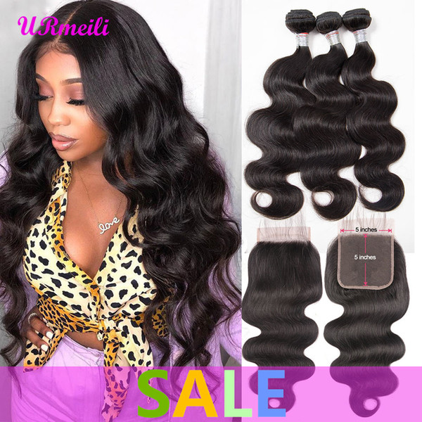 Peruvian Virgin Hair Body Wave Bundles With 5x5 Closure Free Part Peruvian Hair Weave 5x5 Closure With 3/4 Bundles Remy Natural Black