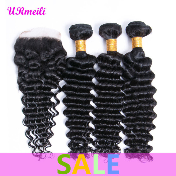 Peruvian deep wave curly virgin human hair 3/4 Bundles With Closure DHgate Remy Human Hair Weave 30 inch Bundles With Lace Closure