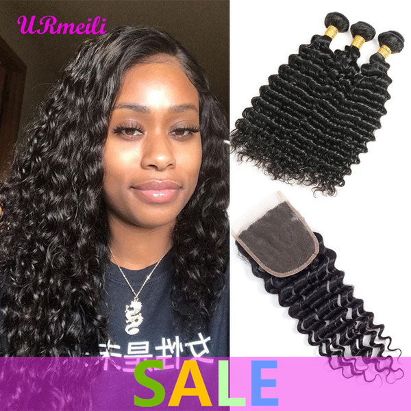 Deep Wave Human Hair Bundles With Closure 3 Bundles Brazilian Deep Wave Hair Weaving with Lace Closure Remy Hair Bundle