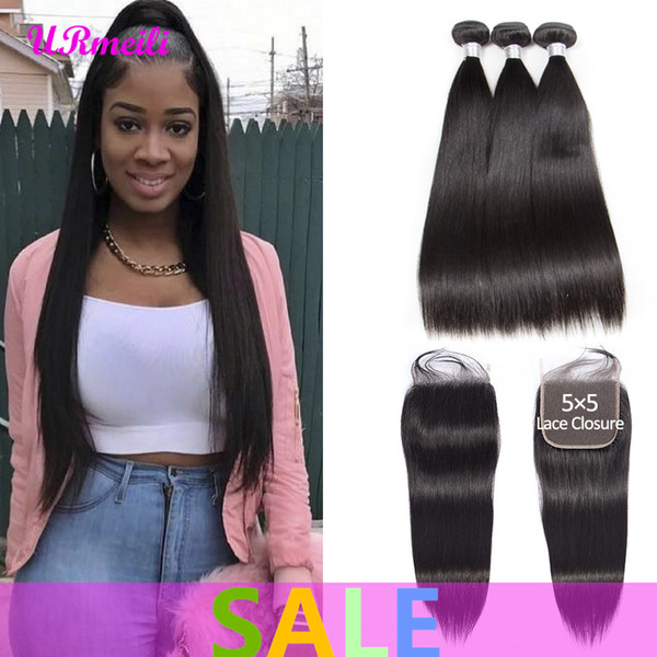 5x5 Lace Closure with Bundles Peruvian Straight Human Hair Bundles With 5*5 Closure Natural Color 100% Remy Hair Weaves 