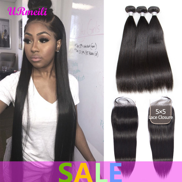 Straight Hair Bundles With 5x5 Lace Closure Peruvian Virgin Hair Weave 3/4 Bundles With Closure Natural Black Remy Hair Extension