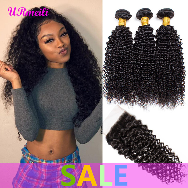 Curly Human Hair Bundles With Closure Remy Human Hair 3/4 Bundles With Closure Brazilian Virgin Hair Curly Weave Bundles With Closure