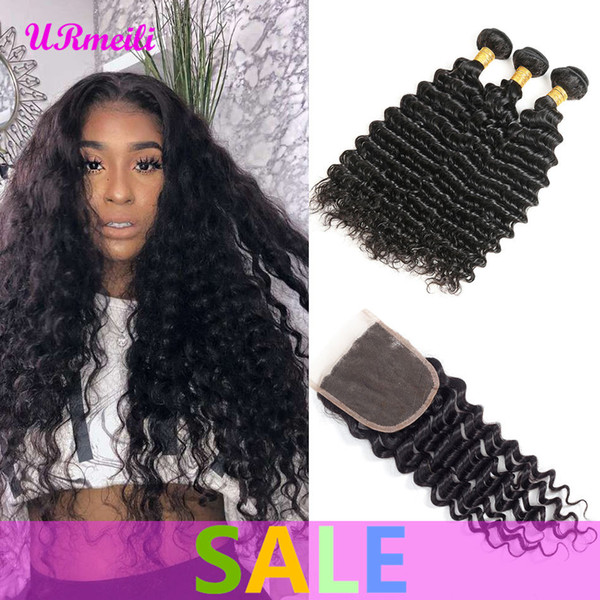 Deep Wave Bundles With Lace Closure Brazilian Deep Wave Unprocessed Human Hair Weave 10A Grade Brazilian Virgin Hair 3 Bundles With Closure