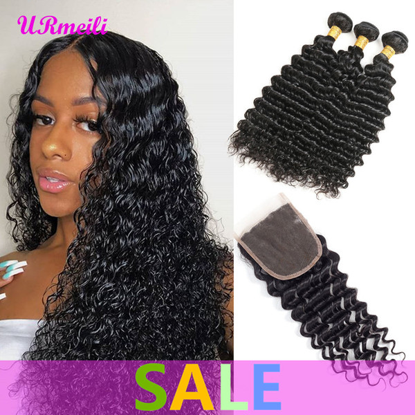 Deep Wave Human Hair Bundles With Closure Brazilian Hair Weave Bundles With Closure Remy Human Hair 3/4 Bundles Deal With Closure