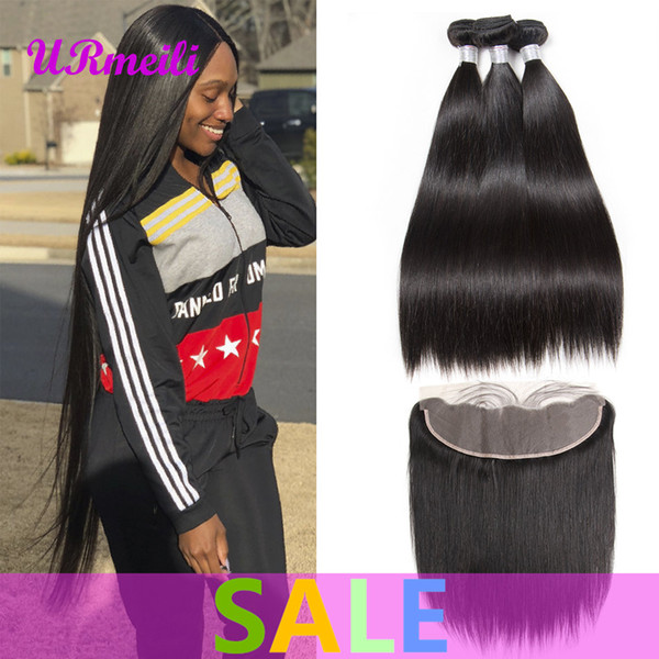 Brazilian Straight Unprocessed Human Hair Bundles With Lace Frontal Closure PrePlucked Ear to Ear Lace Frontal Closure With Bundles