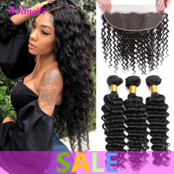 Brazilian Deep Wave Virgin Hair Bundles with Lace Frontal 3/4 Bundles Human Hair With Frontal Brazilian Remy Hair Extension Natural Color