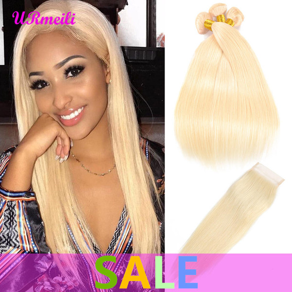 9A Honey Blonde Virgin Hair Bundles With Closure Brazilian Remy Straight Human Hair 613 Virgin Hair 3/4 Bundles With Closure Free Shipping