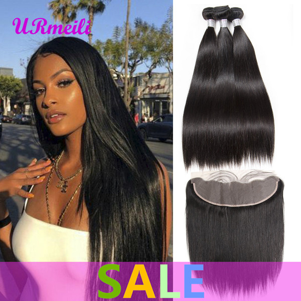 Indian Virgin Hair Straight Bundles With 13x4 Lace Frontal Closure Straight Hair Weave 3/4 pcs With Lace Frontal 100% Unprocessed Remy Hair