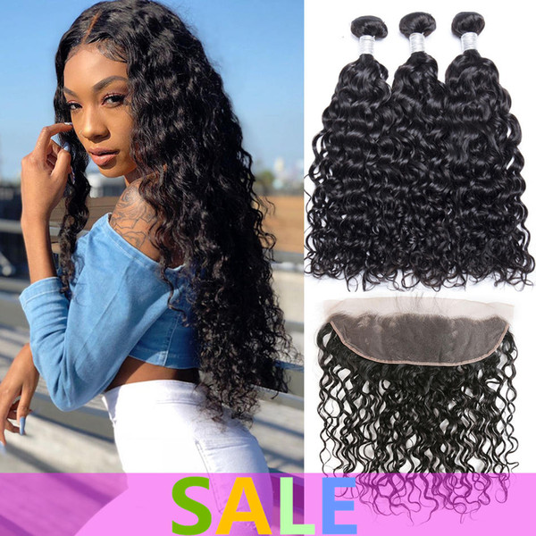 Brazilian Virgin Water Wave 3/4 Bundles With Lace Frontal Closure 10A Brazilian Remy Human Hair Weave Pre Plucked Lace Frontal With Bundles