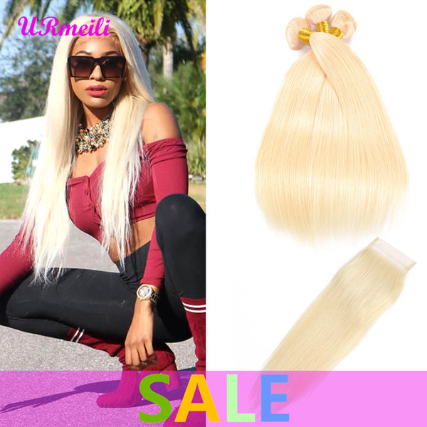 Straight Virgin Human Hair Weave 613 Blonde Bundles With Closure Peruvian Remy Straight Human Hair 3/4 Bundles With Closure Free Shipping