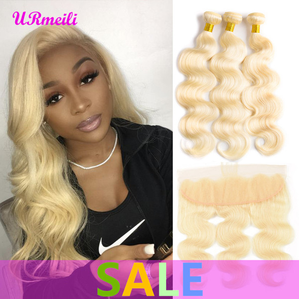 Remy Blonde Color Hair Body Wave 3/4 Bundles With 4x4 Ear To Ear Lace Frontal Closure Brazilian Virgin Human 613# Blonde Hair