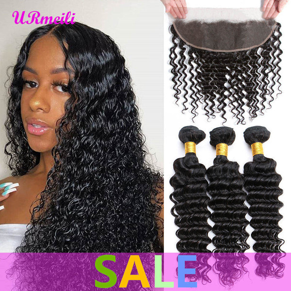 Indian Deep Wave Virgin Human Hair Weave Bundle With Frontal Pre Plucked Lace Frontal Closure With Bundle Remy Human Hair Weft