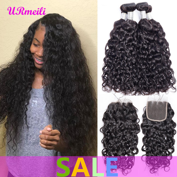 Water Wave Natural Color 3/4 Bundles With 4x4 Lace Closure Water Wave Remy Human Hair Weave Brazilian Hair Weave Bundles With Closure