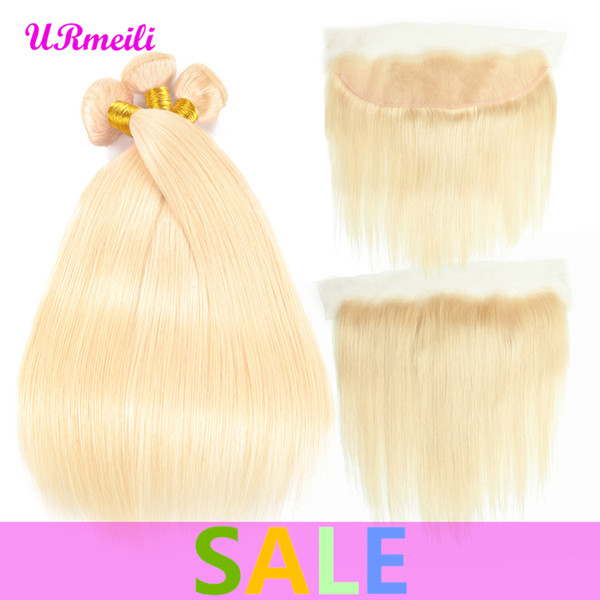 URmeili 613 Blonde Bundles With Frontal 13*4 Ear to Ear Remy Blonde 10A Brazilian Straight remy human hair 613 Blonde Bundles With Closure