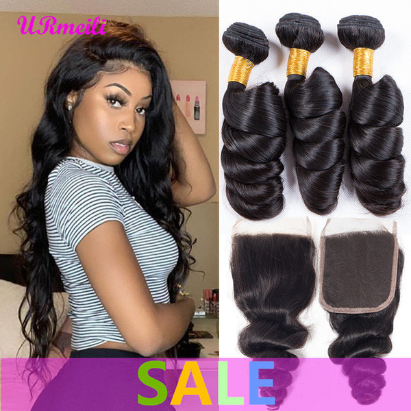 Loose Wave Human Hair Bundles With Closure 3/4 Bundles Brazilian Hair Weave 4 Pc Remy Human Hair Bundles With Closure