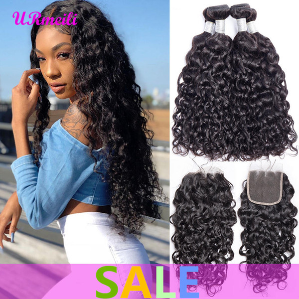 10A Peruvian Water Wave Bundles With Closure 3/4 Bundles Human Hair Weave With Lace Closure Remy Peruvian Virgin Hair Bundles With Closure