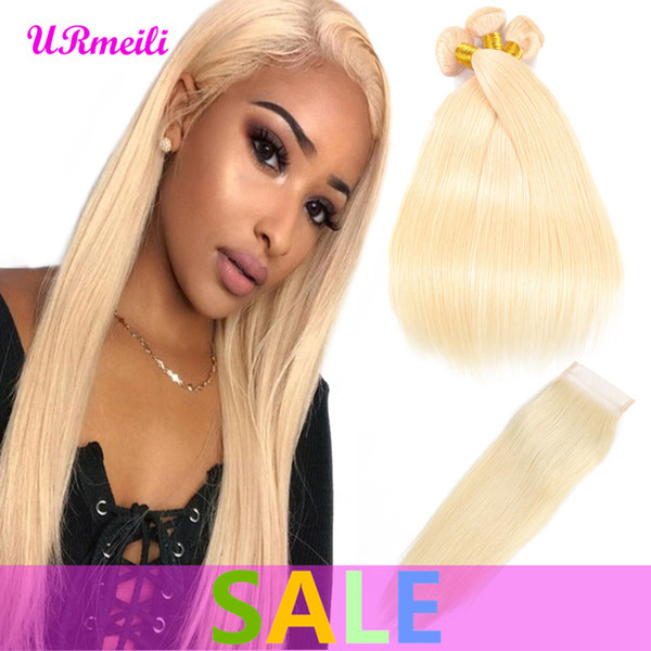 Straight Virgin Human Hair Weave 613 Blonde Bundles With Closure Malaysian Remy Straight Human Hair 3/4 Bundles With Closure Free Shipping