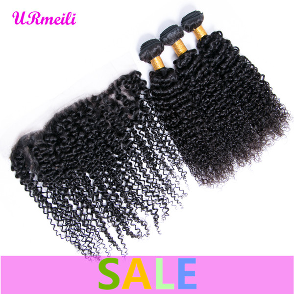 URmeili Curly human hair bundles with lace frontal Malaysian Virgin kinky curly Human Hair Weave 3/4 Bundles With 13*4 lace Frontal Closure