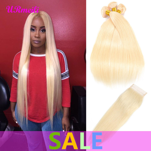 613 Blonde Bundles With Closure 4x4 Free Part Brazilian Virgin Hair Weave 3/4 Bundles With Closure Remy Hair Extension 30inch Bundles