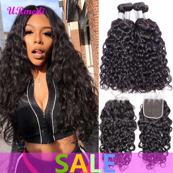 Malaysian Water Wave Human Hair Weave Bundles With Closure 3 or 4 Bundles With Closure Malaysian Remy Hair Extensions Middle Free Closure