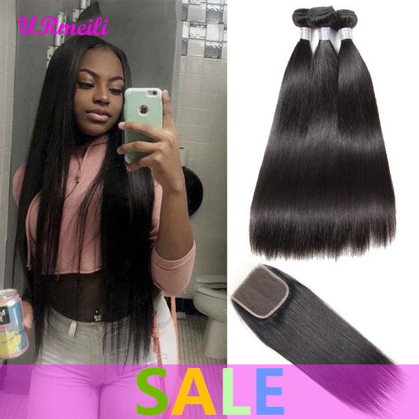 brazilian Straight Hair Bundles With Closure Brazilian Virgin Hair Straight 3Bundles With Lace Closures Remy human hair bundles with closure