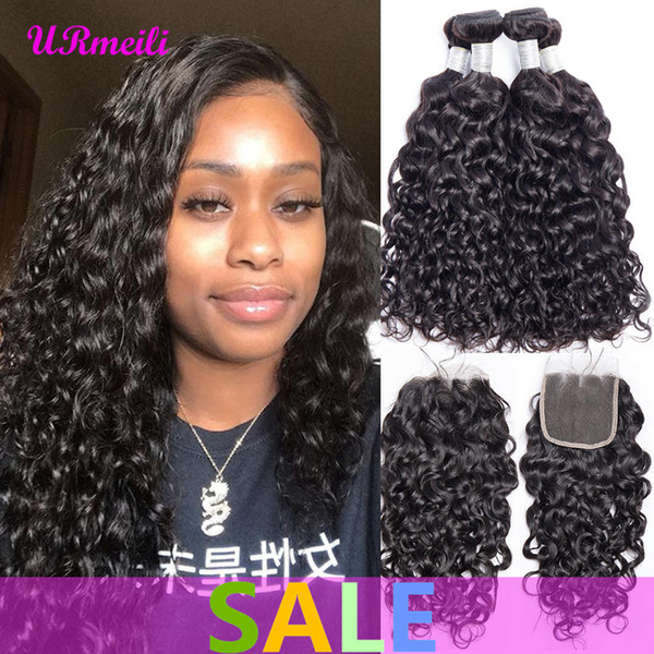 Brazilian Water Wave Bundles With Closure Brazilian Remy Human Hair Bundles With Closure 3/4 Bundles Water Wave With Closure