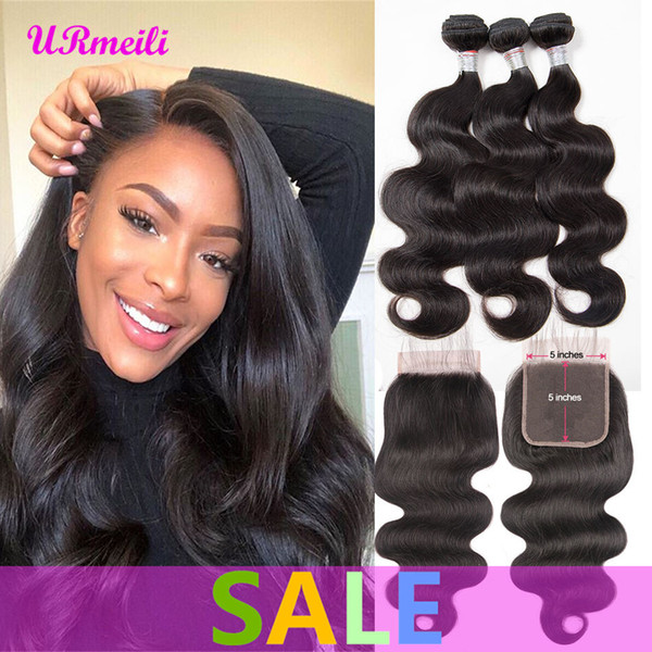 Indian Body Wave Remy Human Hair Bundles with Closure 100% Human Hair Weaves Brazilian Body Wave 5x5 Lace Closure Natural Color