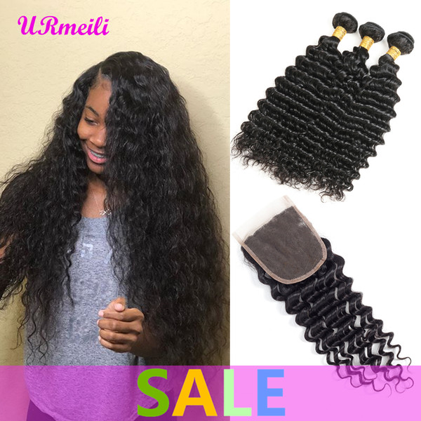 Deep Wave Human Hair Bundles With Closure 4 pcs/lot Brazilian Virgin Hair Weave Bundles With Closure Remy Hair Extension