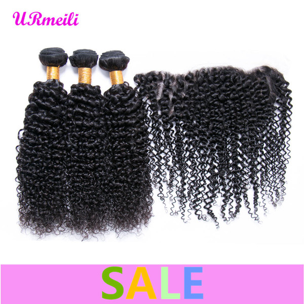 Brazilian Kinky Curly Virgin Hair Bundles With Frontal Closure Ear To Ear Lace Frontal With Bundles 10A Remy Human Hair Bundles With Frontal