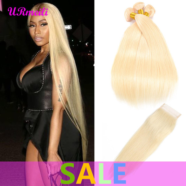 613 Indian Straight Virgin Human Hair Weave 613 Blonde Bundles With Closure Indian Remy Straight Human Hair 3/4 Bundles With Closure