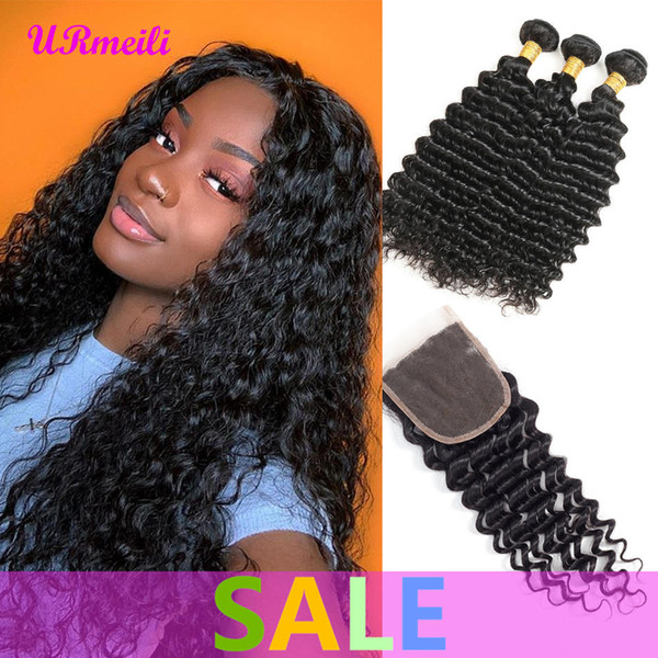 Deep Wave Human Hair Bundles with Closure Double Weft Remy Human Hair 3/4 Bundles with Closure 10A Brazilian Virgin Hair Weave Bundles