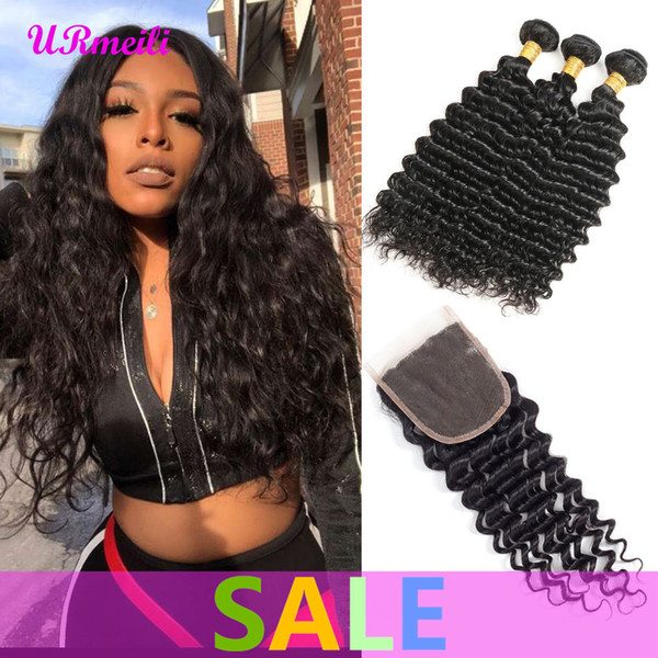 Deep Wave 3 Bundles With Closure 100% Human Hair Bundles With Closure Brazilian Virgin Hair Weave Bundles Remy Hair Extension