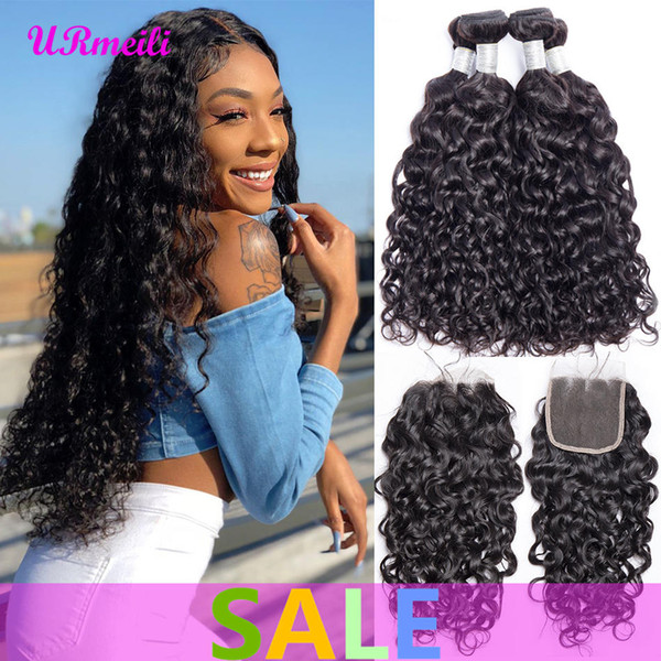 Water Wave Bundles With Closure Raw Virgin Indian Hair Water Weave Bundles With Closure 100% Human Hair Weave 3/4 Bundles With Closure